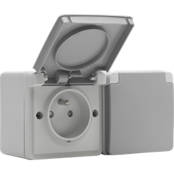 Niko Hydro, dubbel horizontaal stopcontact met penaarde, kinderveiligheid en insteekklemmen – inclusief doos met twee ingangen bovenaan